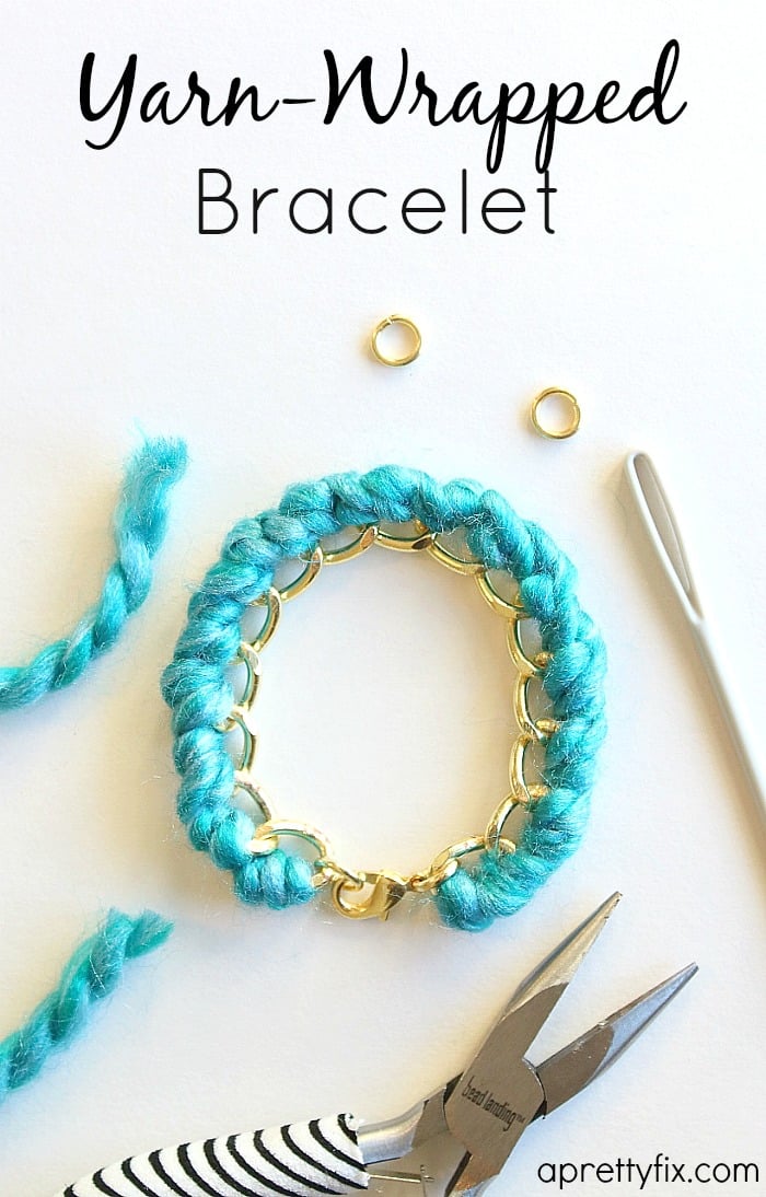 Add a pop of colour to a plain chain link bracelet with this easy-to-make yarn-wrapped bracelet. A unique and lovely gift idea.