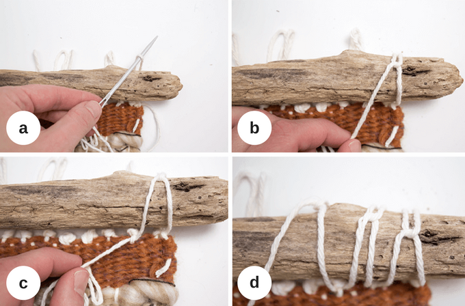 Securing driftwood hanger to woven wall hanging.